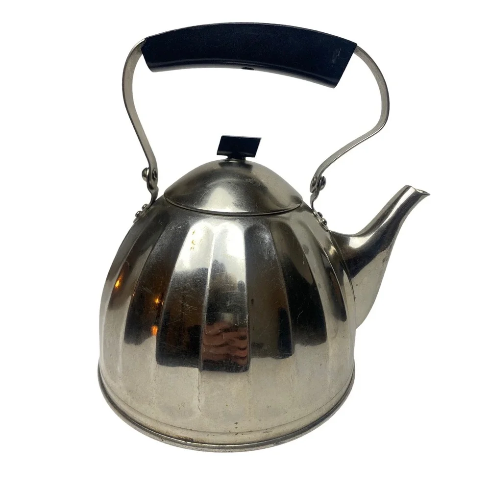 Vintage Soviet USSR Tea Kettle Nickel Plated Bronze Bakelite Handle Melon Shape